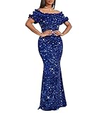 dasmzper Women Sexy Sequin Off Shoulder Ruffle Short Sleeve Bodycon Mermaid Party Formal Evening Maxi Dress Blue