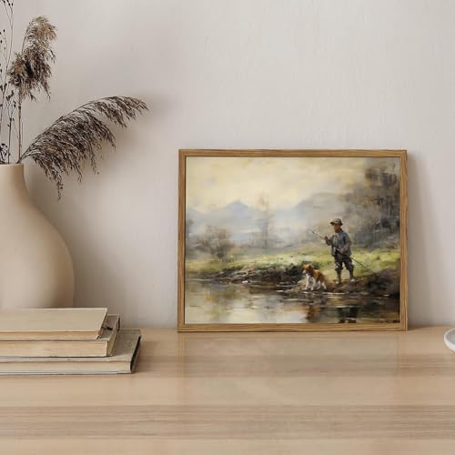 Image of Vintage Wall Art, Boy Fishing Wall Decor Paintings, Dog and Boy Landscape Canvas Prints Nature Country Farmhouse Artwork for Bedroom Living Room 10x8 inch Wood Framed