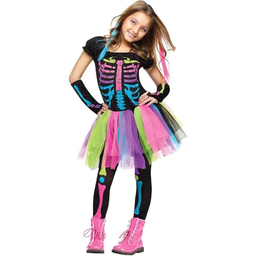 Ricjurzzty Girls Skeleton Costume, Glow in The Dark, Punk Bones Halloween Tutu Dress for Kids Halloween Party Dress Up (L)