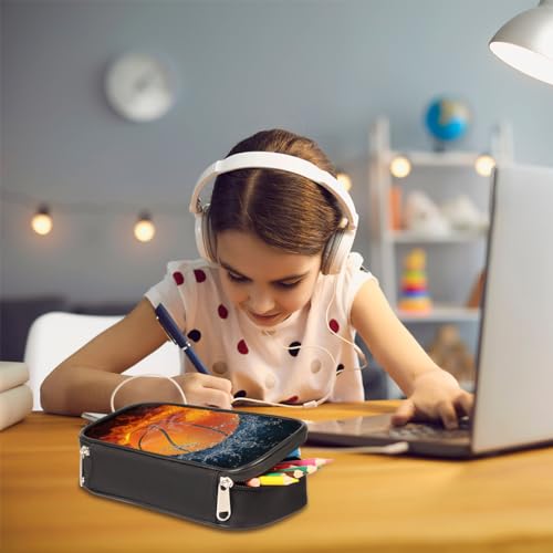 Image of Pencil Case Pen Holder Large Capacity Stationery Organizer Pencil Bag with Zipper for Boys Girls Fire Basketball Pattern Kids Pencil Pouch Storage Box for School College Office