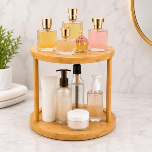 Image of Curated Cart Lazy Susan Organizer for Kitchen, 2 Tier Rotating Tray, 360 Bamboo Turntable, Dining Table Organizer for Home, Oil Bottle Organizer Stand, Kitchen Countertop & Spice Storage Organizer