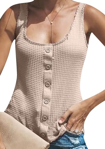 DIACACY Summer Waffle Knit Formfitting Vest Dressy Basic Shirts Button Front Scoop Neck Commuting Tank Tops For Women