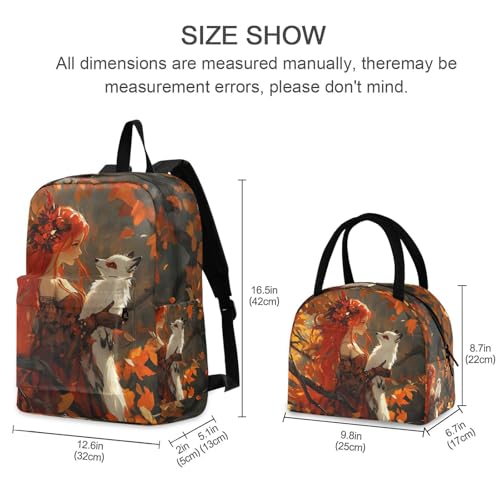 Backpack Lunch Box Set Large Capacity Travel Backpacks and Insulated Lunch Bag for Commute Hiking Picnic Woman and Fox Print2