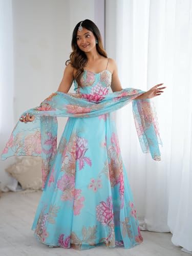 Image of MARUTI FASHION HOUSE Readymade Lehenga Choli Indo-Western Set For Womens & Girls Heavy Pure Organza digital printed 8mtr flair lehenga with canvas patta can can and with dori Chaniya Choli Wedding