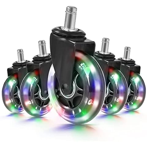 Hivexagon Office Chair Caster with RGB Color Changing Lights Set of 5 Rubber Replacement, Heavy Duty Universal Quiet Rolling Casters Fit Standard Office Chair for Hardwood Floors, Tiles and Carpet Cover