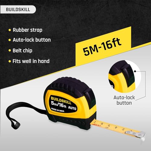 Buildskill 5M Measuring Tape, Precision Measurement Tape, Inch Tape for Measurement with 19mm Width, Clear Visibility, Autolock, Lightweight, One Button Retraction, Made in India (Pack of 2)