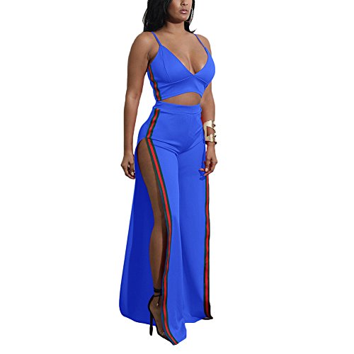 Aro Lora Women's Sexy 2 Pieces Set V Neck Crop Top + Side Slit Wide Leg Pant Jumpsuit Romper X-Large Blue