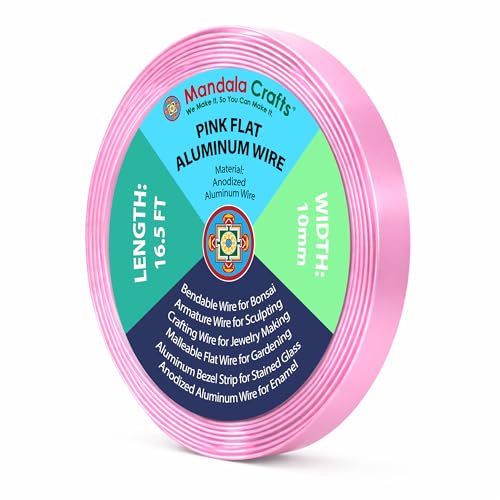 Image of Mandala Crafts 10mm Pink Flat Aluminum Crafting Wire for Sculpting | 16.5 FT, Anodized, Colored, Tarnish Resistant, Bendable, Flexible, for Jewelry Making, Bezel, Bonsai, Armature, Outdoor