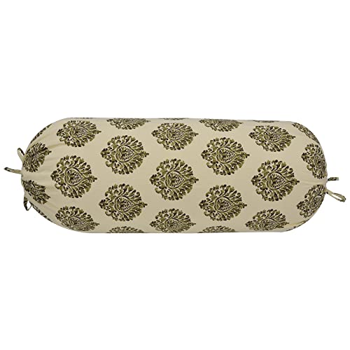 Image of Trance Home Linen Premium 16x32 Inches Bolster Covers Set of 2 with Tie Knot | Anti-Pill 200 Tc Thread Count | 100% Cotton Dewan Bed Round Pillow Cover (Damask Forest Green - Pack of 2)