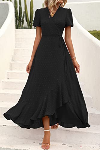 Image of PRETTYGARDEN Women's Summer Wrap Maxi Dress Casual Boho Floral V Neck Short Sleeve Ruffle Hem Split Beach Long Dresses