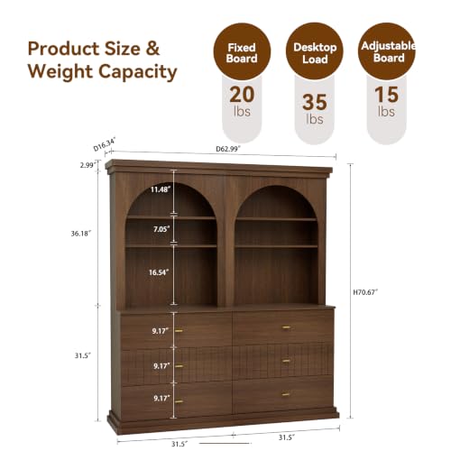 Image of ivaniti 71 inch Arched Kitchen Pantry Cabinet Set of 2 with 6 Drawers, Dark Brown Freestanding Storage Hutch with Open Shelves and Gold Handles for Kitchen, Dining Room