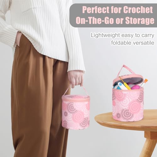 Image of Katech Mini Yarn Storage Bags, Portable Yarn Bag for Crocheting with Holes Organizer Crochet Thread Sewing Accessories Storage Tote Bag for Carry Crochet Hooks Skein Yarn (Pink Floral)