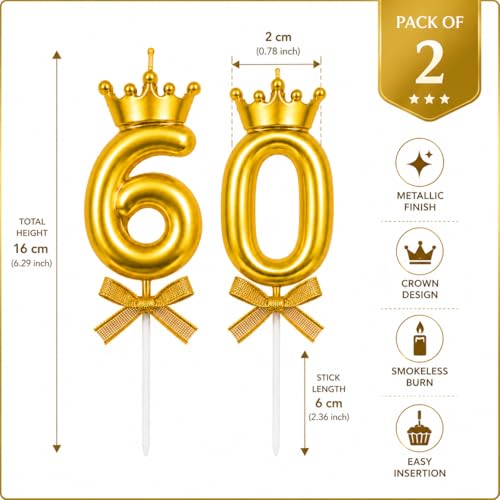 Image of Gold Number 60 Birthday Candle Set with Crown | Metallic Cake Topper Candles for 60th Birthday, Anniversary Celebration | Party Decoration Candles, 2 pcs