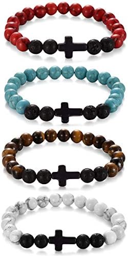 XIA YAN 4PCS Cross Beads Bracelets for Men Women 8mm Healing Lava Stone Stretch Bracelets,7.5" -- 4 Color