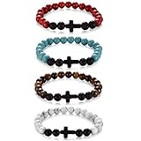 XIA YAN 4PCS Cross Beads Bracelets for Men Women 8mm Healing Lava Stone Stretch Bracelets,7.5" -- 4
