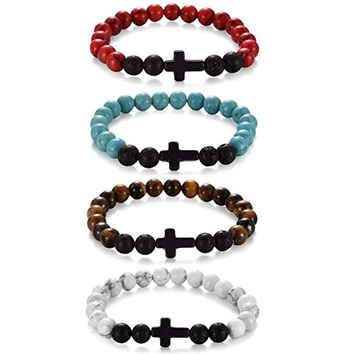 Xia Yan 4Pcs Cross Beads Bracelets For Men Women 8Mm Healing Lava Stone Stretch Bracelets,7.5" -- 4 Color #TOP1