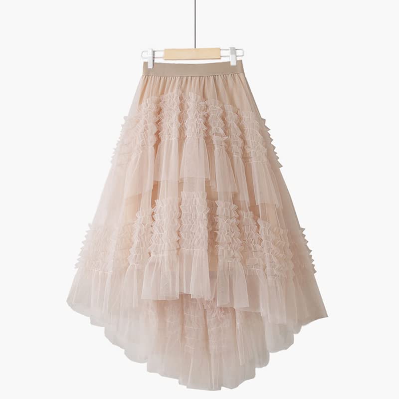 Ladies Irregular Lace Stitching Tulle Cake Dress Long Solid Color Skirt Mesh Skirt3