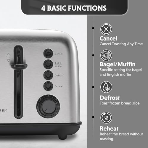 Image of BUYDEEM DT640 Retro 4 Slice Toaster, 7 Shade Settings, Extra Wide 1.5'' Slots, Stainless Steel Toaster with Bagel Muffin Defrost Reheat Function, Retro Silver