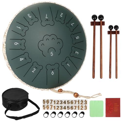 JINBAITAI Bear Steel Tongue Drum 13 Inch 13 Note, Steel Drum with Mallets 2 Pairs, Carry Bag and Music Book, Rain Drum for Outside Garden, Sound Healing Instruments C Major (Stone Green)