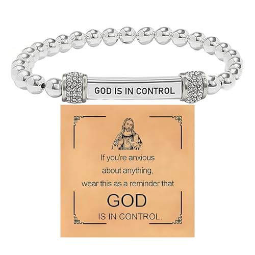 God Is In Control Dainty Diamond Beaded Stretch Bracelet, Motivational Stainless Steel Engraving Tube Bracelets Inspirational Chain Crystal Energy Faith Jewelry for Women Men
