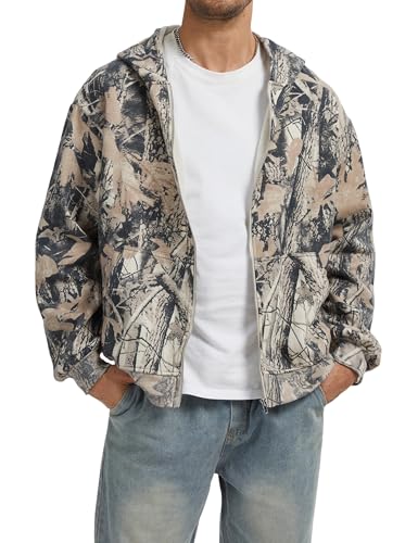 Camo Zip up Hoodie Men Full-Zip Fleece Hoodies Oversized Hooded Sweatshirts Maple Leaf Print Long Sleeve Sweatshirt
