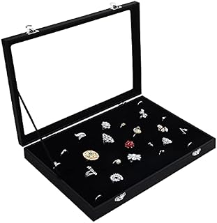 Kurtzy Black Velvet Ring Jewellery Storage Display Box Tray with 100 Slots and Lid - Showcase Organiser Case Holder with Clear Transparent Glass Lid for Rings, Earrings and Cufflinks