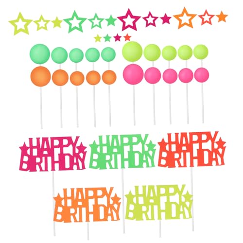 Cabilock 40pcs Neon Glow Cake Topper Set Flexible Birthday Decorations with Star and Ball Designs for All Ages Celebrations Easy Cleanup for Photos
