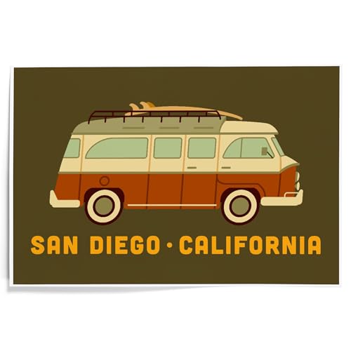 Lantern Press 12x18 San Diego Camper Van Surfboard Art