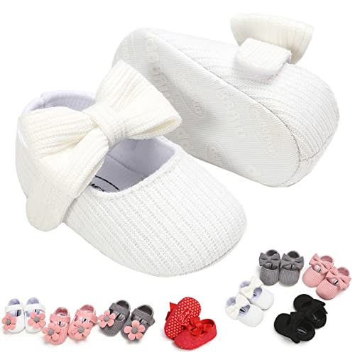 Image of Baby Girls Mary Jane Flats with Bowknot Floral Princess Wedding Dress Shoes Soft Newborn Infant Crib First Walkers Prewalker