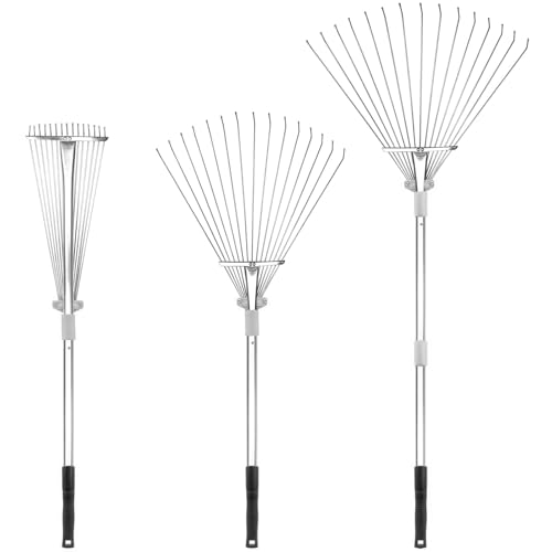 Buyplus Adjustable Garden Leaf Rake - 24 to 63 Inch Telescopic Metal Expandable Folding Leaves Rake Metal Rakes for Leaves Yard Rakes for Lawn Yard Flowers Beds Sliver