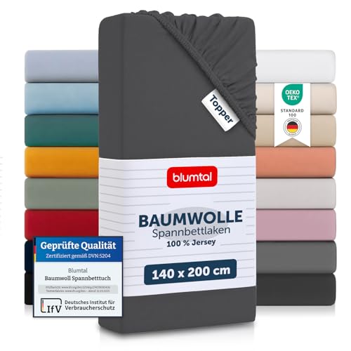 Blumtal® Basics Spannbettlaken Topper - Jersey Bettlaken aus 100% Baumwolle - Oeko-TEX zertifiziertes Spannbetttuch Anthrazit - Topper 140x200cm