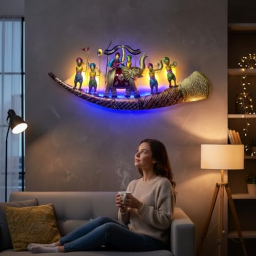 Image of Metal Wall Art for Living Room | Rajasthani Elephant Wall Decor | Handcrafted Iron Wall Hanging | Traditional Indian Home Decoration | Colorful Royal Procession Wall Art with LED Backlight (44*19inch)