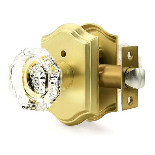 Orger Octagonal Glass Door Knobs 1 Pack, Crystal Interior Privacy Door Handle for Bed/Bathroom with Pin Lock Inside, Gold Vintage Rosette Door Knob with Heavy Duty Genuine Glass