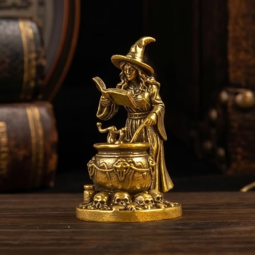 100% Solid Brass Witch Figurine, Vintage Magic Cauldron Statue, M...