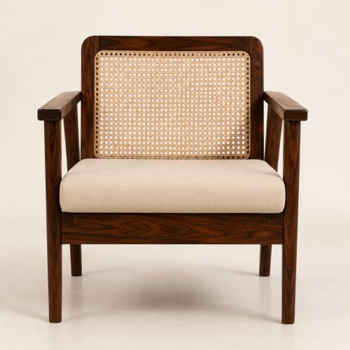 Image of LSGF Mangz Wooden Lounge Chair with Rattan Cane Back | Solid Wood Accent Chair with Cushion | Mid Century Modern Armchair for Living Room, Bedroom & Office (Dark Walnut)