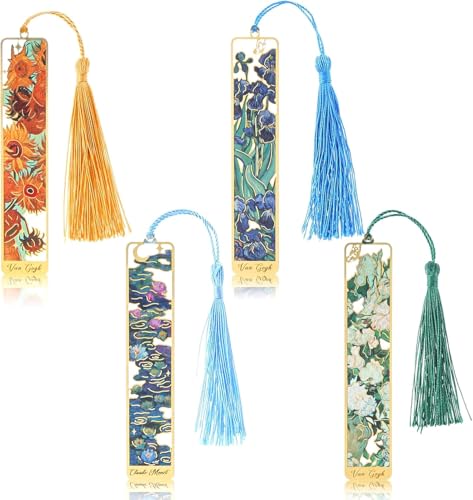 4Pcs Book Marks Metal Bookmarks with Tassel Hollow Flower Metal Van Gogh Oil Painting Theme Book Mark Durable Retro Handmade Bookmarks for Lovers Writers Readers Children Adults