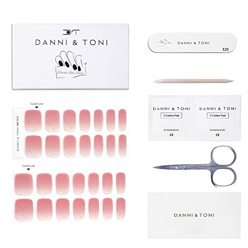 Danni & Toni Semi Cured Gel Nail Strips (Rosy Cheeks) Pink Ombre Gel Nail Stickers Glitters Glossy Nail Wraps 28 Stickers #TOP4