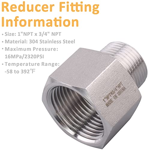 Image of Forged Reducer Adapter Fitting - Stainless Steel 304 Reducing Pipe Connector, 1 inch NPT Female x 3 /4 inch NPT Male (pack of 5)