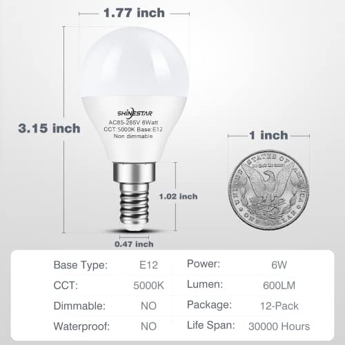 Shinestar 12-Pack Ceiling Fan Light Bulbs, E12 Led Bulb, Daylight 5000K, 120V 60W Equivalent, Candelabra Small Base, Non-Dimmable #TOP1