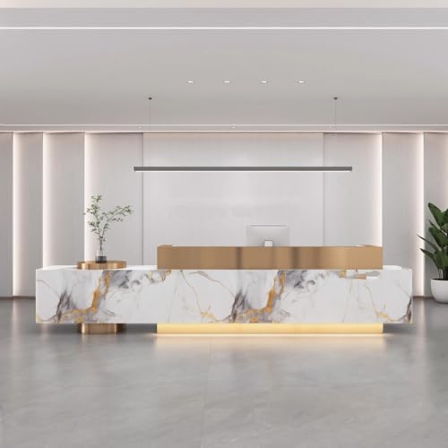 Moderne Empfangstheke mit LED-Beleuchtung und goldenen Füßen - Empfangstheke mit individuellem Logo, Tisch mit Schieferoberfläche für Hotel/Salon/Büro,C,100x60x100cm