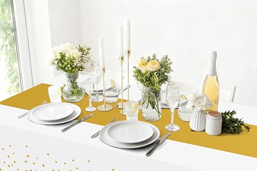Image of Smiry Plastic Table Cloth Disposable 4 Pack, 54 x 108 Inch Rectangle Waterproof Tablecloth, Printed Gold Table Runner Style for Birthday Weeding, Party Decorations, Leakproof & Sturdy, White and Gold