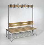 verschweißter Stahlrahmen furni24 Umkleidebank Sitzbank Garderobenbank Sportraum Bank für Fitnessstudio Buche Echtholz (2-seitig) doppelseitig mit Garderobenhaken und Schuhrost/Schuhablage 150 cm x 170 cm x 85 cm