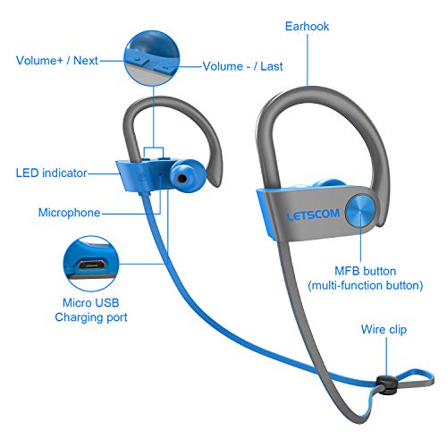 LETSCOM Bluetooth Headphones IPX7 Waterproof, Wireless Sport Earphones, Hifi Bass Stereo Sweatproof Earbuds W/Mic, Noise Cancelling Headset for Workout, Running, Gym, 8 Hours Play time