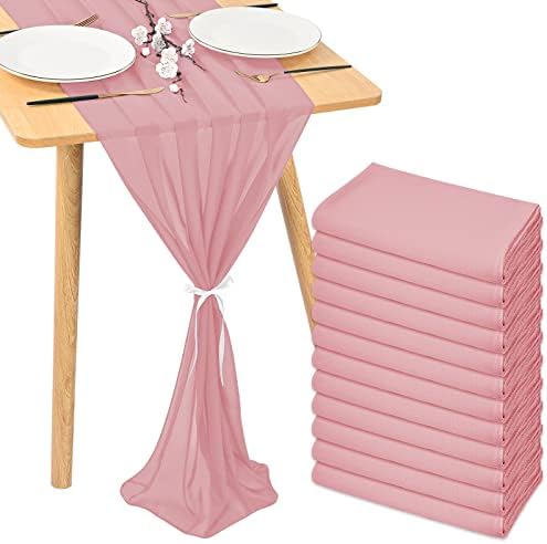 12 Pack 10Ft Dusty Rose Chiffon Table Runner 28x120 Inches Sheer Table Runner Romantic Table Cloth for Wedding Decor, Baby Shower and Birthday Party Cake Table Decorations