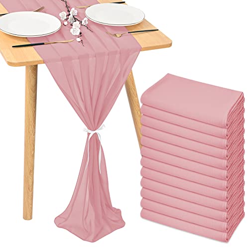 12 Pack 10Ft Dusty Rose Chiffon Table Runner 28X120 Inches Sheer Table Runner Romantic Table Cloth For Wedding Decor, Baby Shower And Birthday Party Cake Table Decorations #TOP24