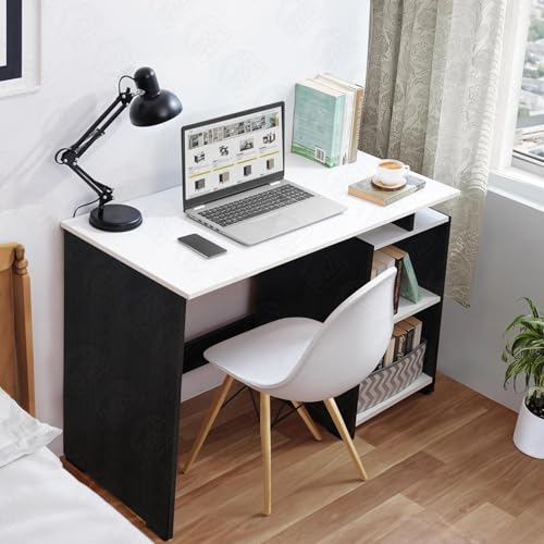 Image of ABOUT SPACE Study Table with 2 Tier Bottom Storage - Office Desk - WFH /Office Computer Table for Laptop, Home PC- Engineering Wood Working, Drawing (Black Mahogany & White-L 100 x B 50 x H 75 cm)
