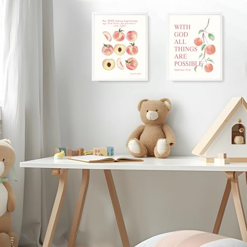 Image of LARTSFRO Coquette Pink Peach Fruits Wall Art Decor Posters, Cute Pink Peach Christian Room Bathroom Bedroom Dorm Wall Art Decor Aesthetic for College Teen Girls Gifts, Inspirational Bible Verses Wall Decor, 10x8 Inch Set of 4 Pcs Fruits Pictures (UNFRAMED)