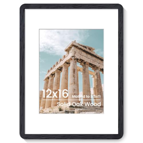 FLYJOE 12x16 Solid Wood Picture Frame With Mat - Tempered Glass & Hanging Hardware Included - Navy Blue, 1 Pack