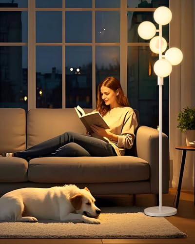 Image of 64IN Dimmable White Floor Lamp, Tall Standing Lamps with 5 Globe Soft Warm White Eye Care 3000K G9 Bulbs, Mid Century Modern Floor Lamp for Living Room Bedroom Office