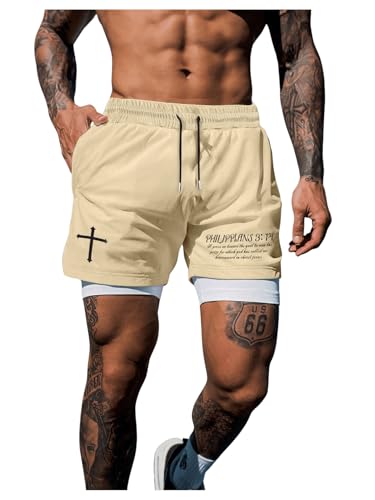 Men's 2 in 1 Drawstring Waist Athletic Shorts Cross Graphic Running Shorts with Liner